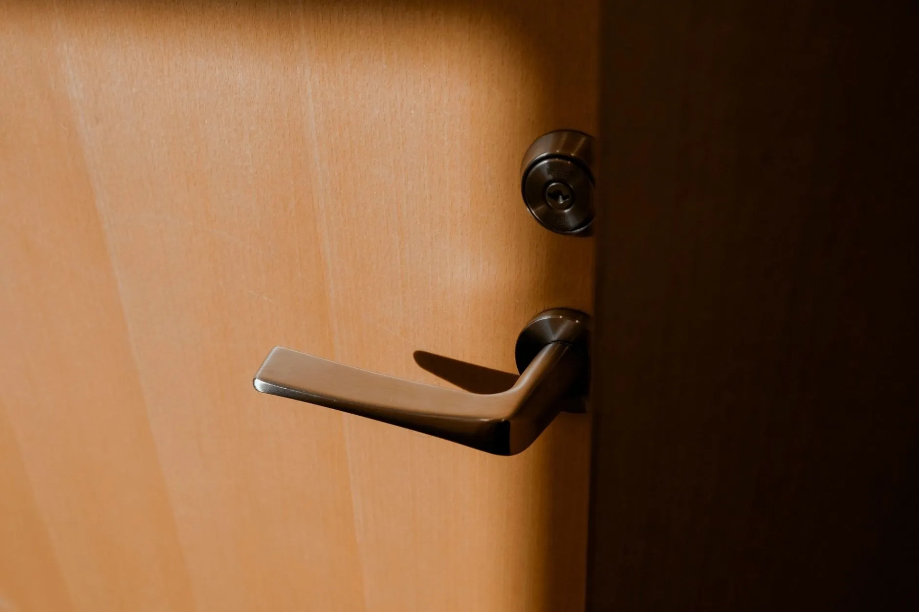 A lever handle below a cylinder lock on a warm timber door in low light