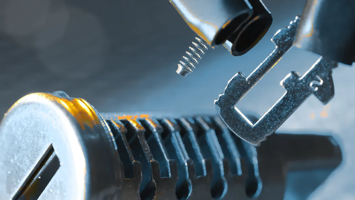 A cylinder and its key under a raking light, the wafers stacked along the plug.