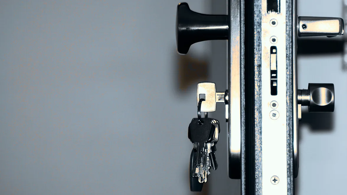 The edge of a door with the mortice lock and its keeps exposed.