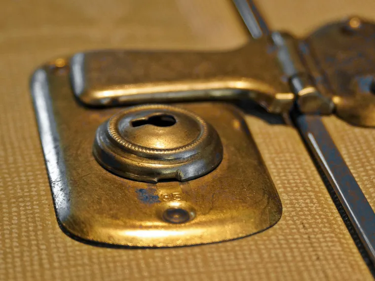 A brass escutcheon and snap lock, worn at the keyhole.